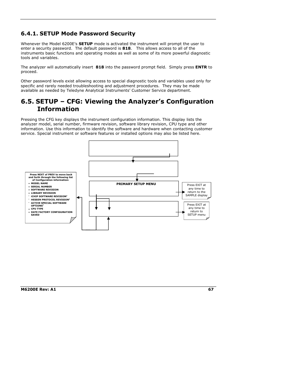 Setup mode password security | Teledyne 6200E - Sulfides Analyzer User Manual | Page 67 / 306
