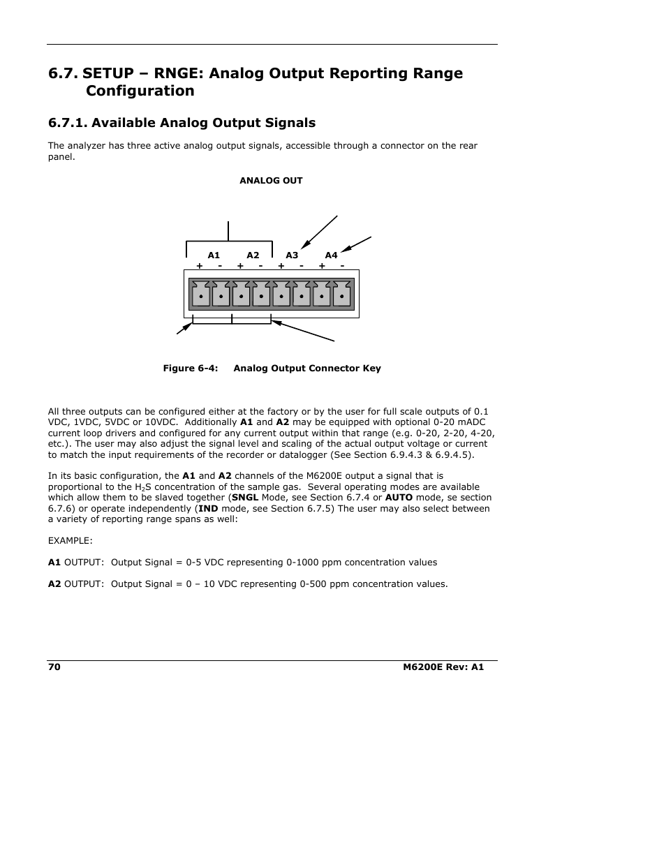 Available analog output signals, Figure 6-4: analog output connector key | Teledyne 6200E - Sulfides Analyzer User Manual | Page 70 / 306