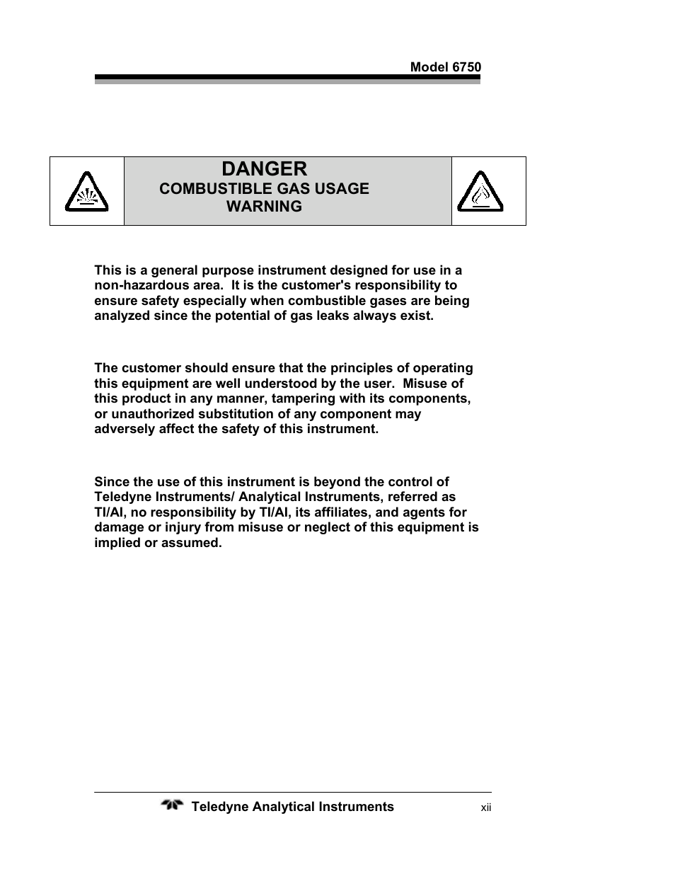 Danger | Teledyne 6750 - Total Organic Carbon analyzers User Manual | Page 12 / 96