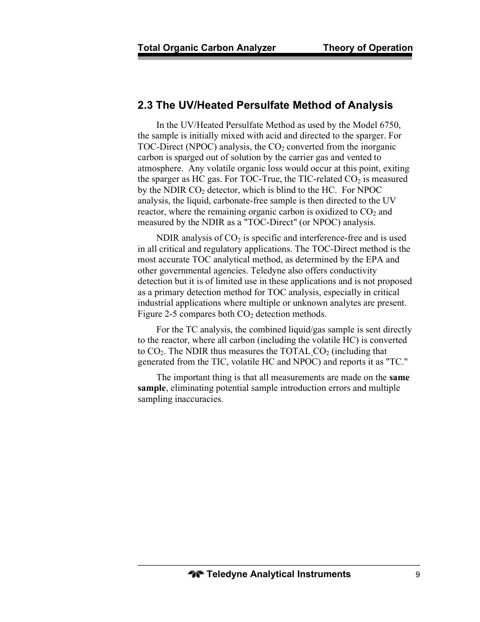 3 the uv/heated persulfate method of analysis | Teledyne 6750 - Total Organic Carbon analyzers User Manual | Page 21 / 96