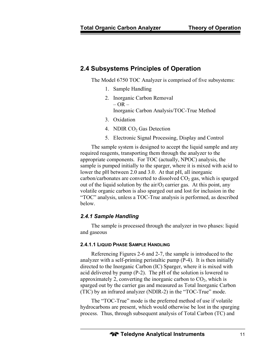 4 subsystems principles of operation | Teledyne 6750 - Total Organic Carbon analyzers User Manual | Page 23 / 96