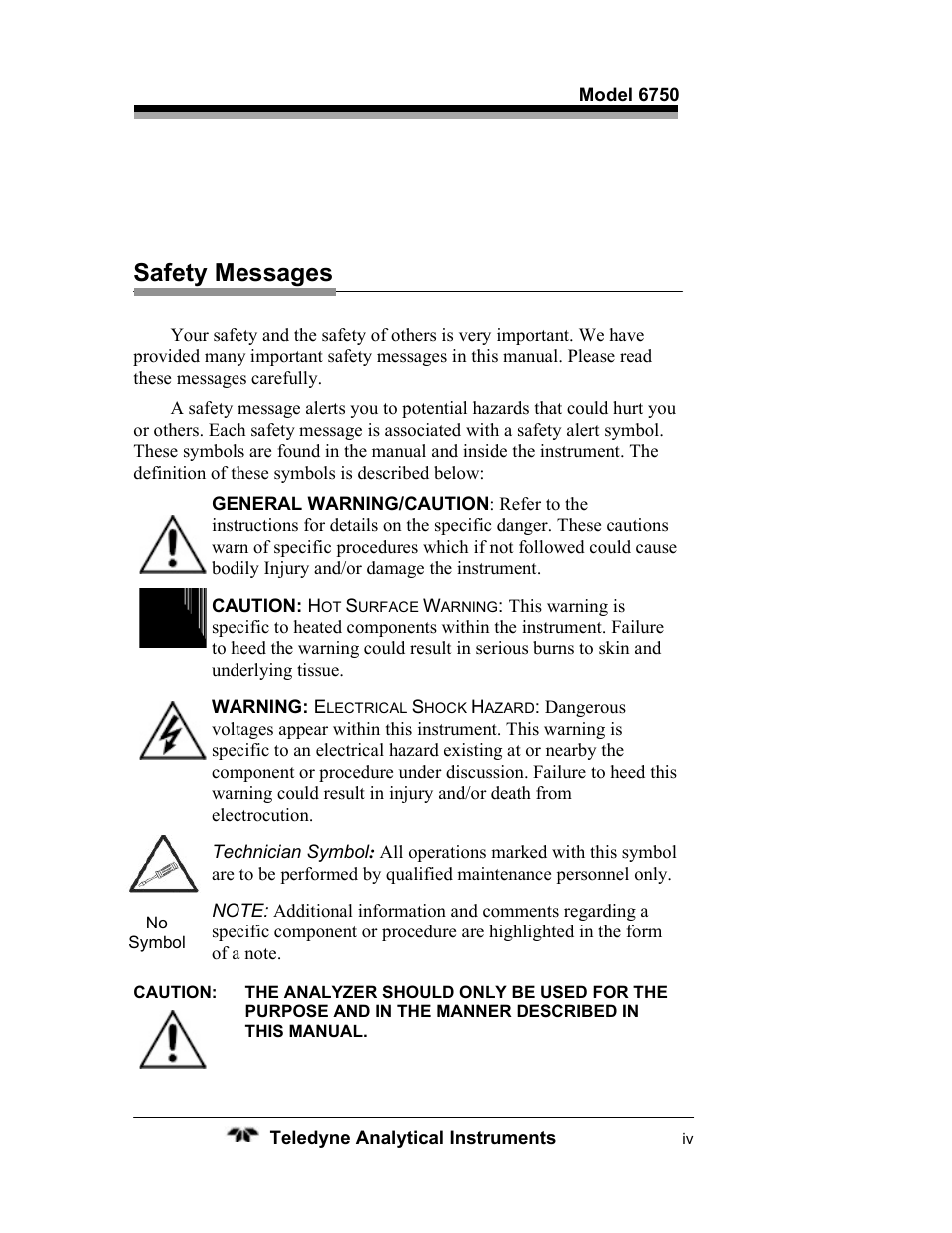 Safety messages | Teledyne 6750 - Total Organic Carbon analyzers User Manual | Page 4 / 96