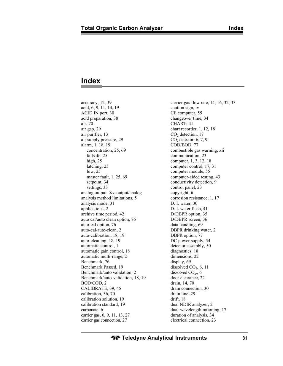 Index | Teledyne 6750 - Total Organic Carbon analyzers User Manual | Page 93 / 96