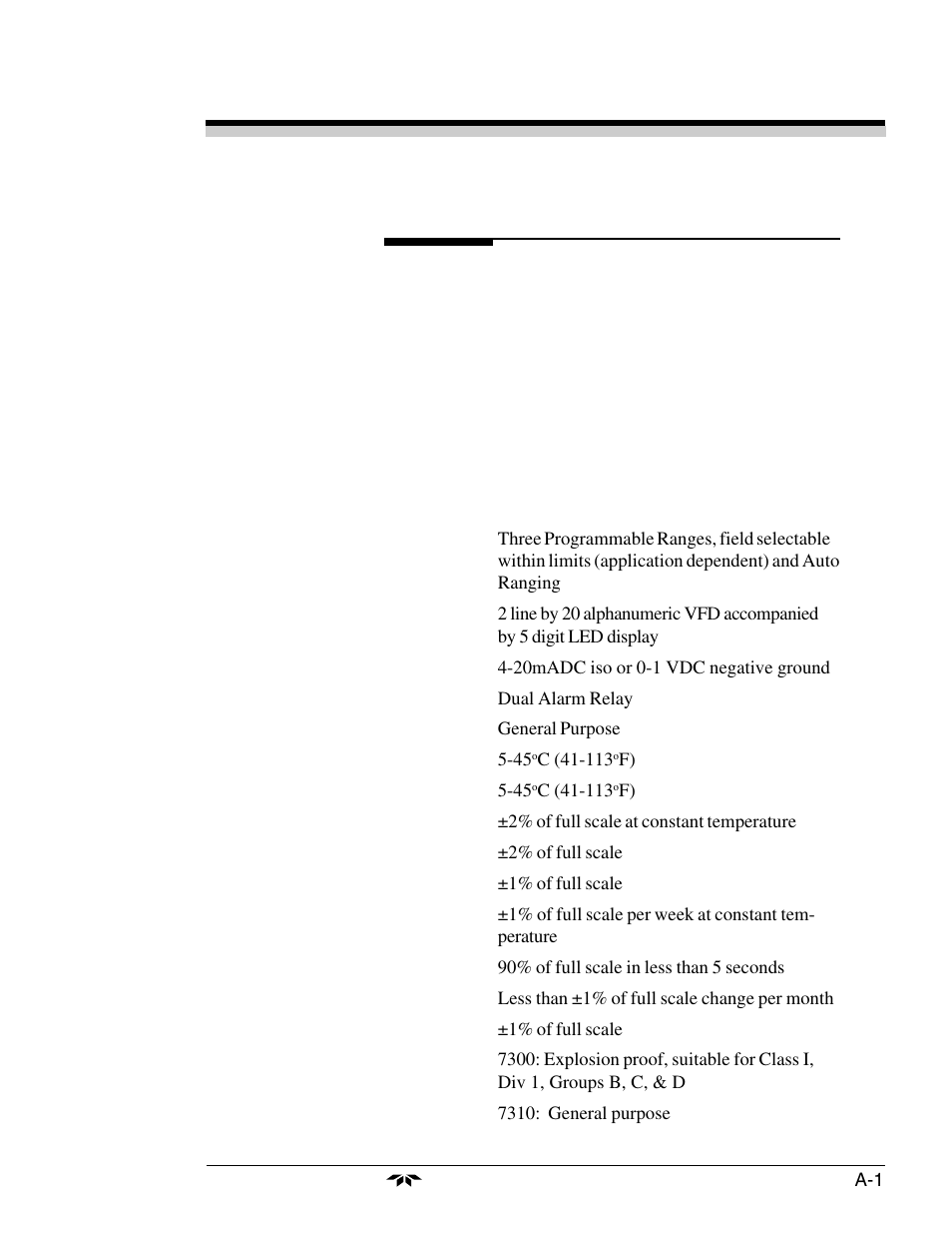 Appendix a-1 specifications | Teledyne 7300a - NDIR analyzer User Manual | Page 81 / 85