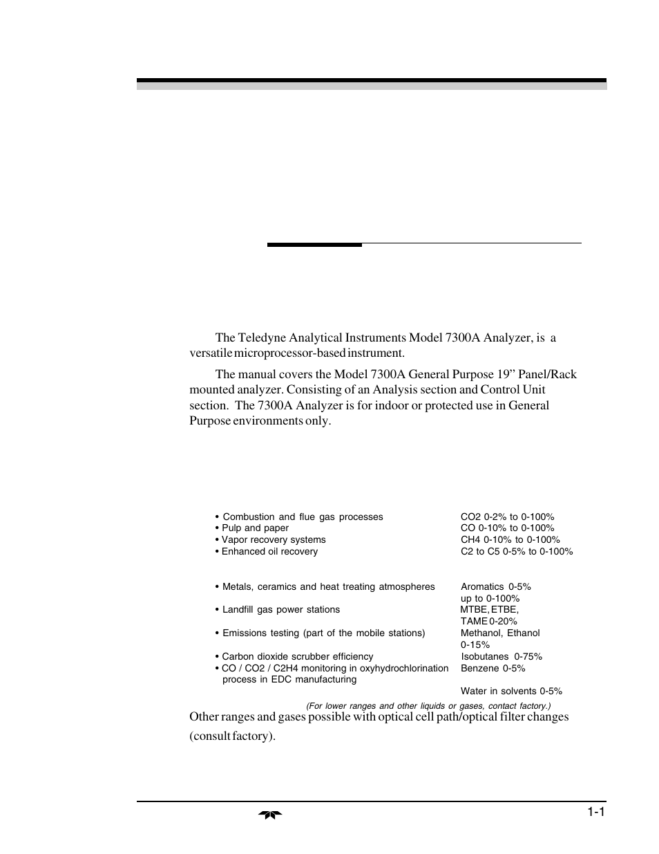 0 introduction, 1 overview, 2 typical gas applications | Teledyne 7300a - NDIR analyzer User Manual | Page 9 / 85