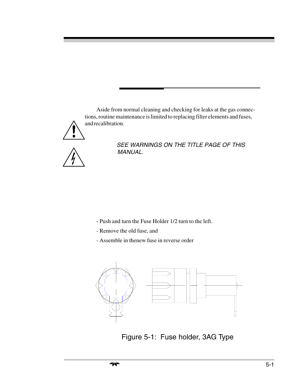 0 maintenance, Figure 5-1: fuse holder, 3ag type | Teledyne 7320 - NDIR analyzer User Manual | Page 73 / 85