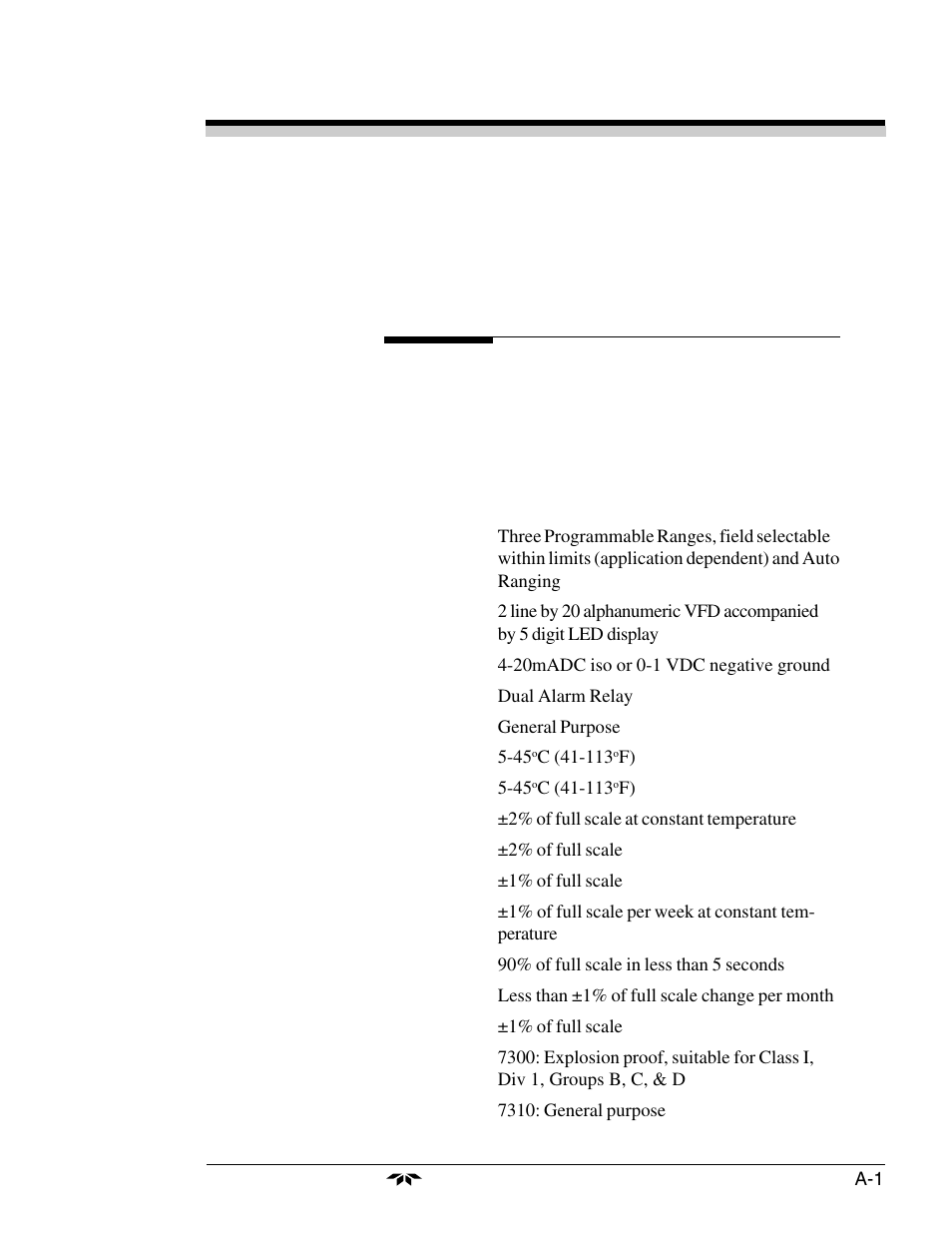 Appendix, A-1 specifications | Teledyne 7320 - NDIR analyzer User Manual | Page 81 / 85