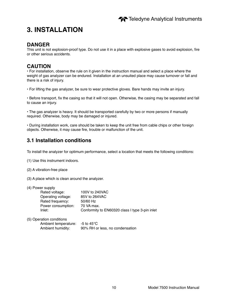 Installation, Teledyne analytical instruments, Danger | Caution, 1 installation conditions | Teledyne 7500 - Infrared gas analyzer - operating manual User Manual | Page 10 / 80