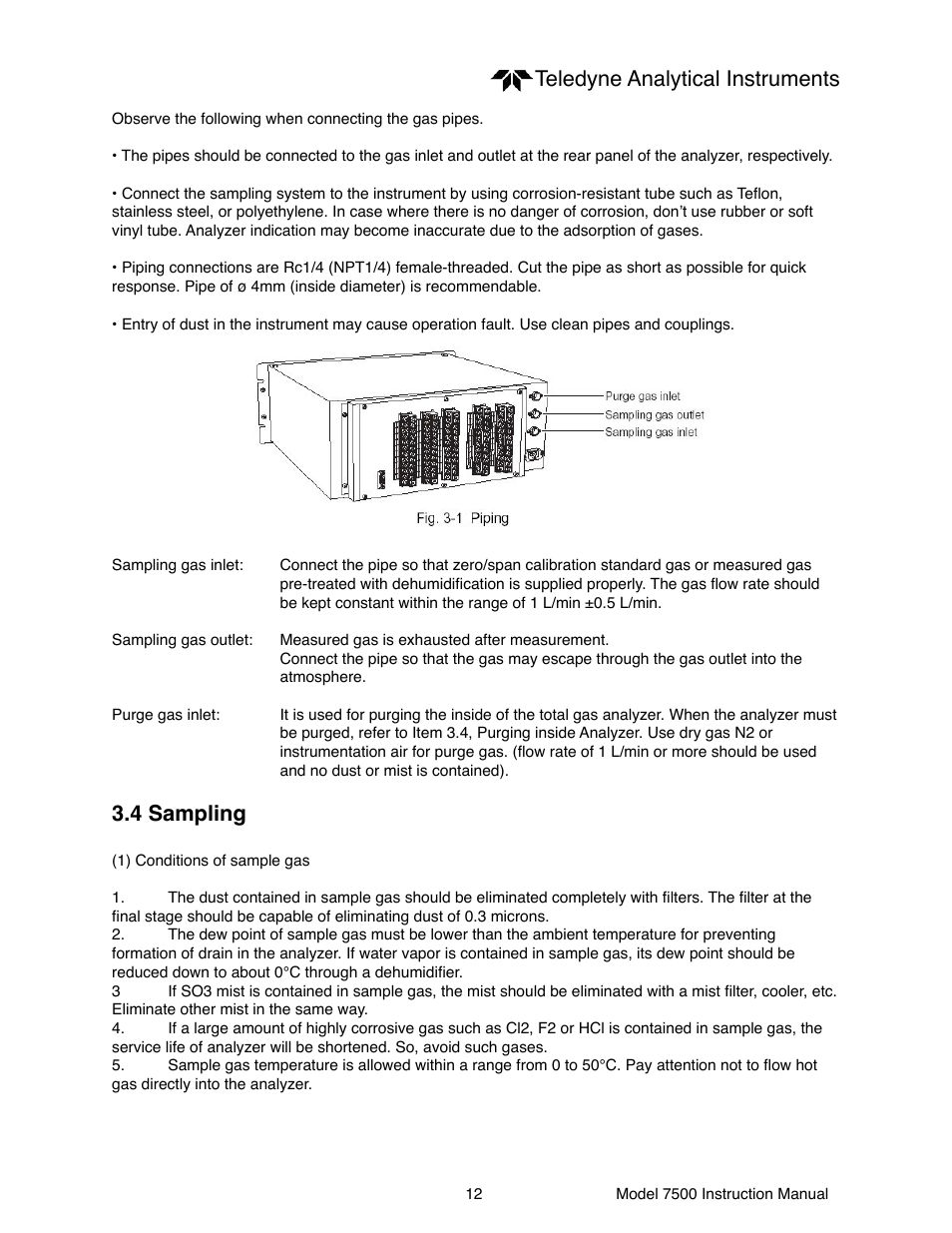 Teledyne analytical instruments, 4 sampling | Teledyne 7500 - Infrared gas analyzer - operating manual User Manual | Page 12 / 80