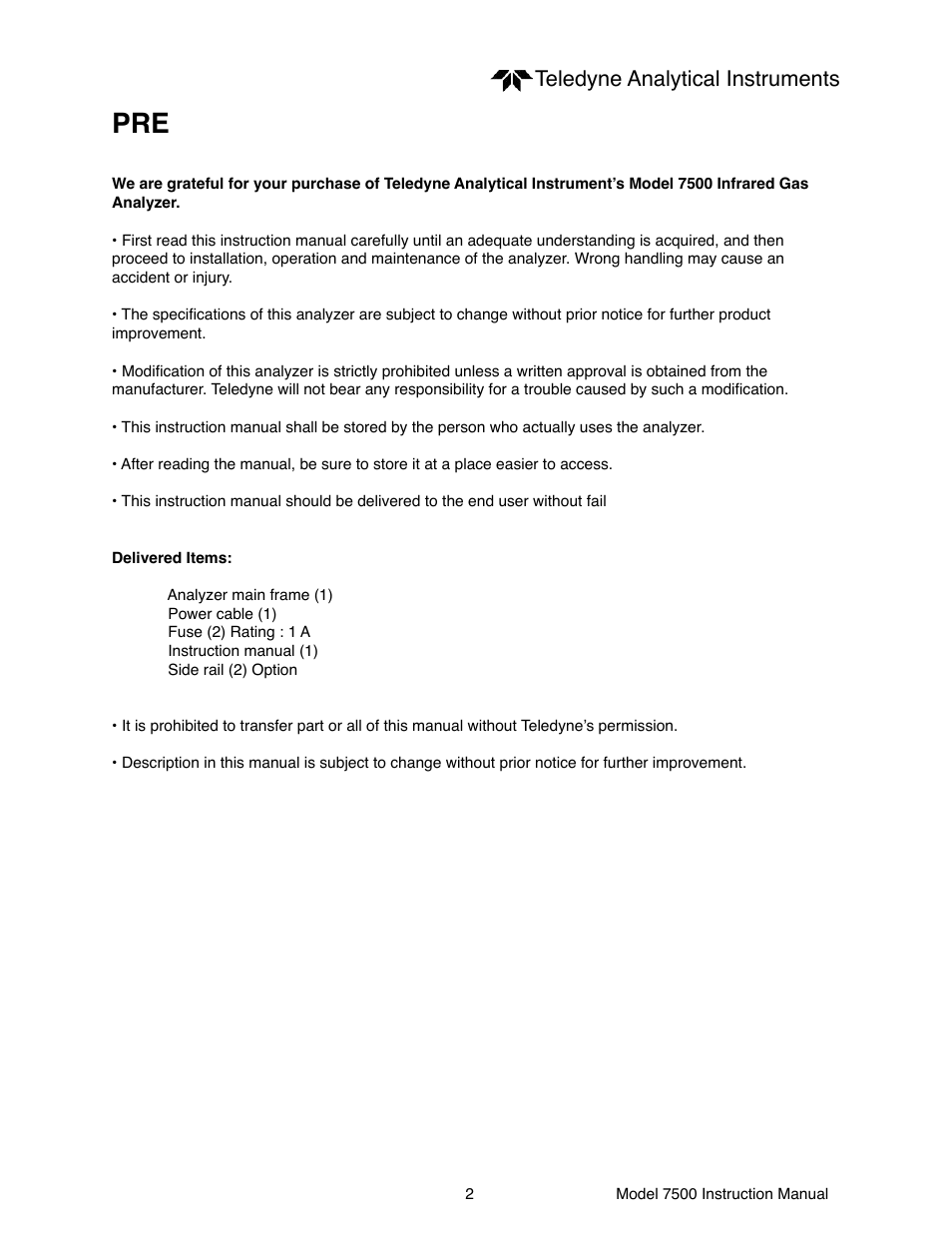 Preface, Teledyne analytical instruments | Teledyne 7500 - Infrared gas analyzer - operating manual User Manual | Page 2 / 80