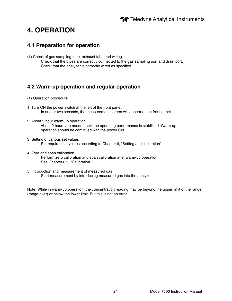 Operation, Teledyne analytical instruments, 1 preparation for operation | 2 warm-up operation and regular operation | Teledyne 7500 - Infrared gas analyzer - operating manual User Manual | Page 24 / 80