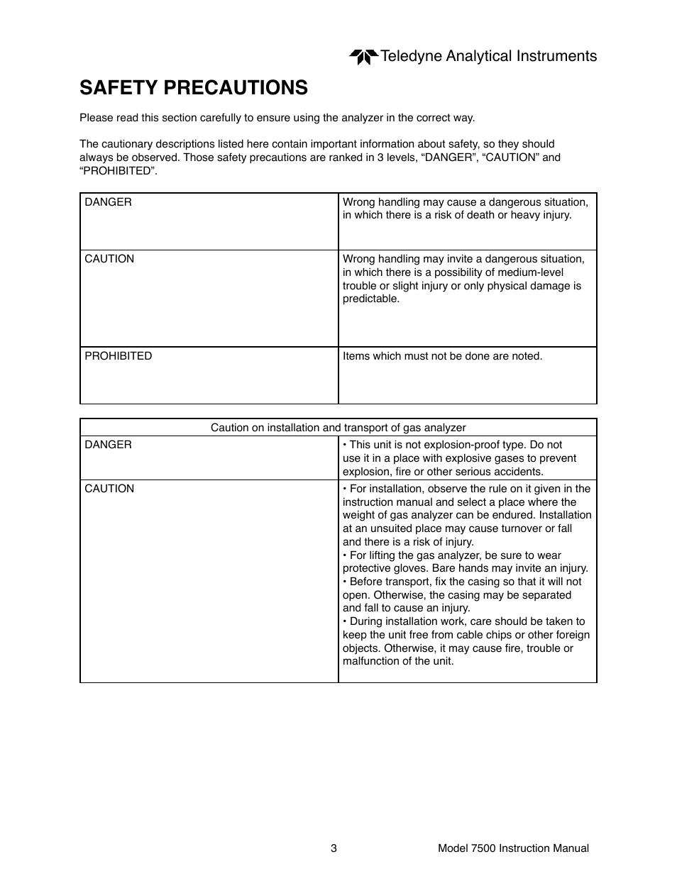 Safety precautions, Teledyne analytical instruments | Teledyne 7500 - Infrared gas analyzer - operating manual User Manual | Page 3 / 80