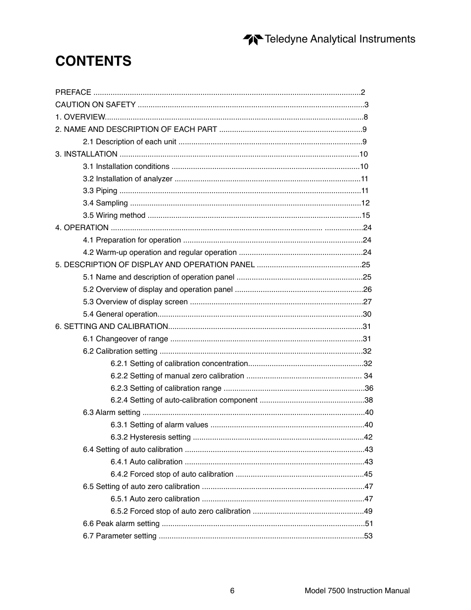 Teledyne 7500 - Infrared gas analyzer - operating manual User Manual | Page 6 / 80