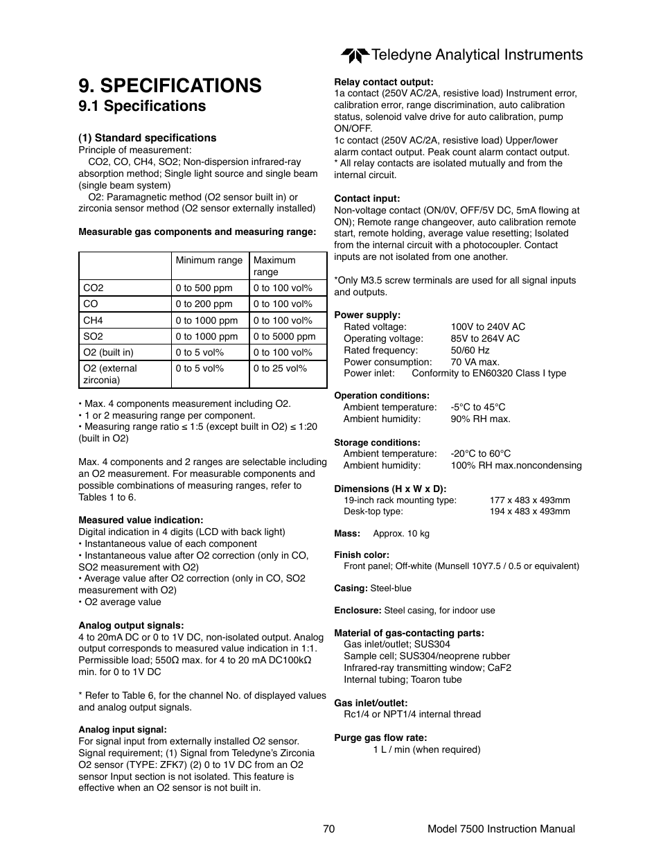 Specifications, Teledyne analytical instruments, 1 specifications | Teledyne 7500 - Infrared gas analyzer - operating manual User Manual | Page 70 / 80