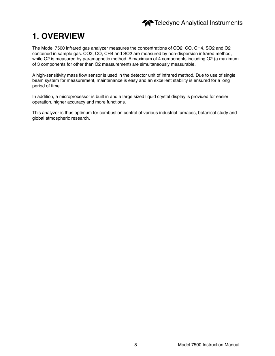 Overview, Teledyne analytical instruments | Teledyne 7500 - Infrared gas analyzer - operating manual User Manual | Page 8 / 80