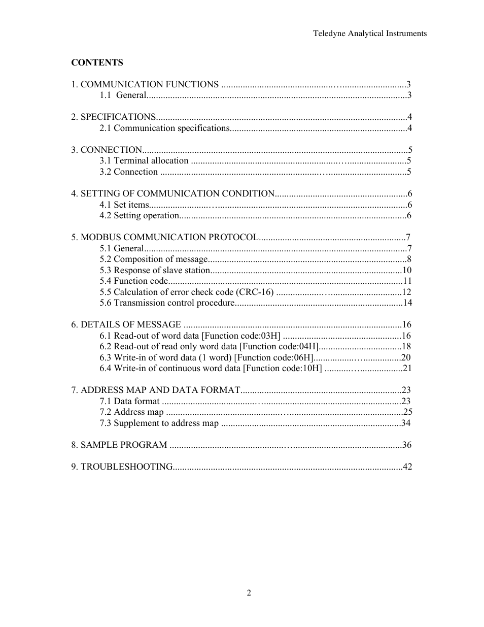 Teledyne 7600 - Infrared gas analyzer - communication manual User Manual | Page 2 / 42