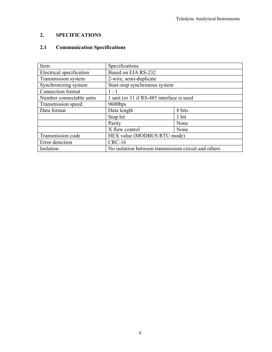 Teledyne 7600 - Infrared gas analyzer - communication manual User Manual | Page 4 / 42