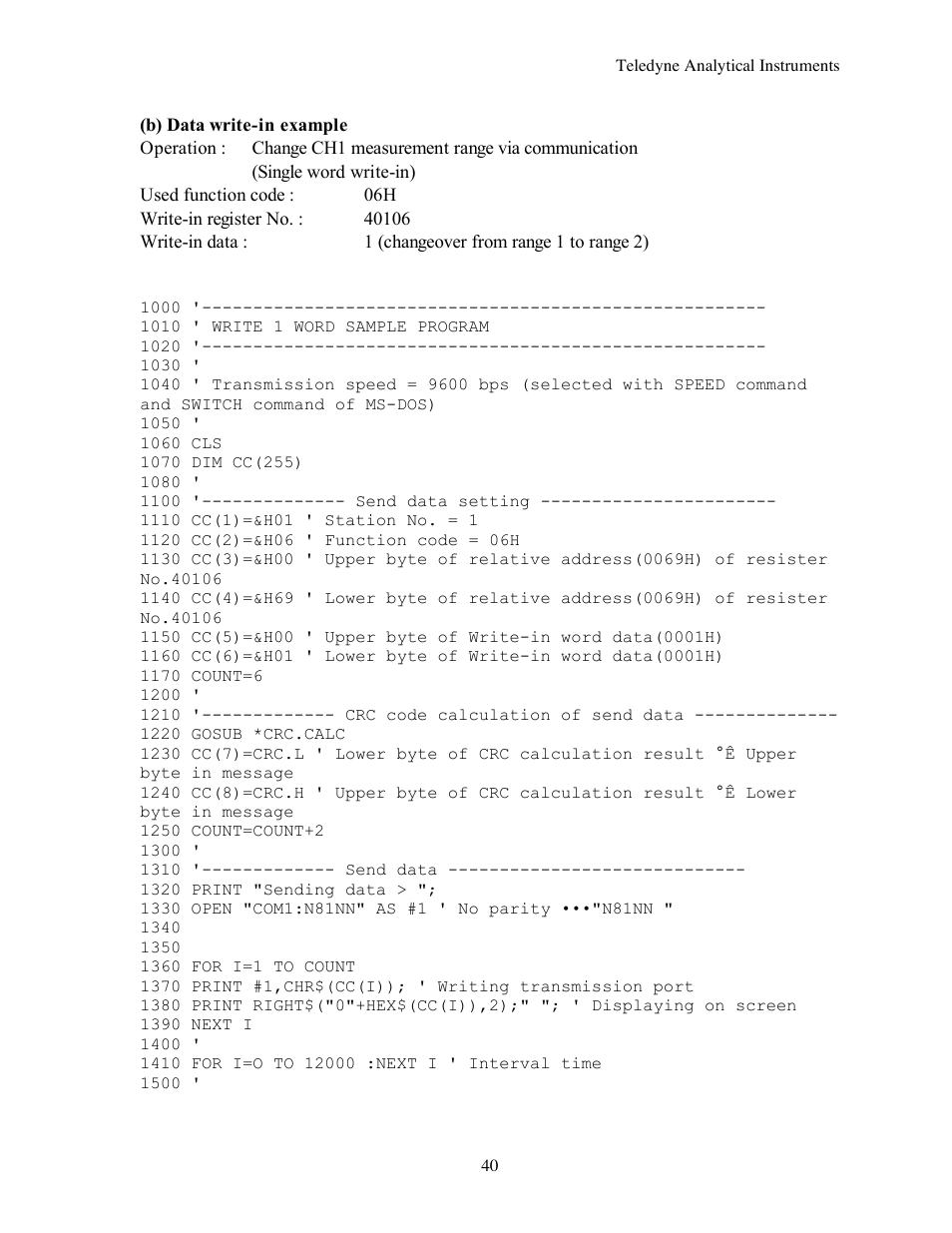 Teledyne 7600 - Infrared gas analyzer - communication manual User Manual | Page 40 / 42