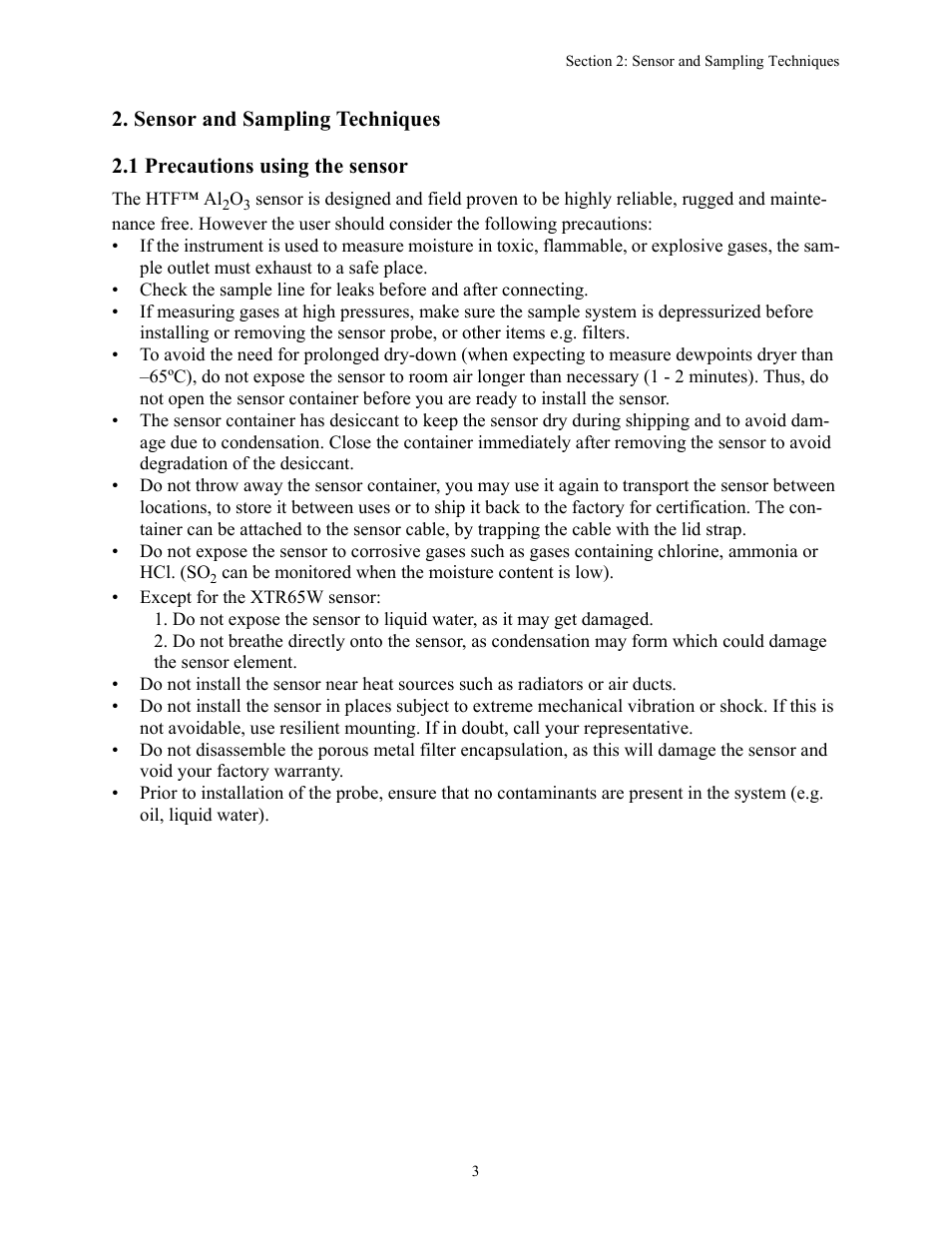 Sensor and sampling techniques, 1 precautions using the sensor | Teledyne 8800A/8800B - Panel / Wall mount trace moisture analyzer User Manual | Page 10 / 72