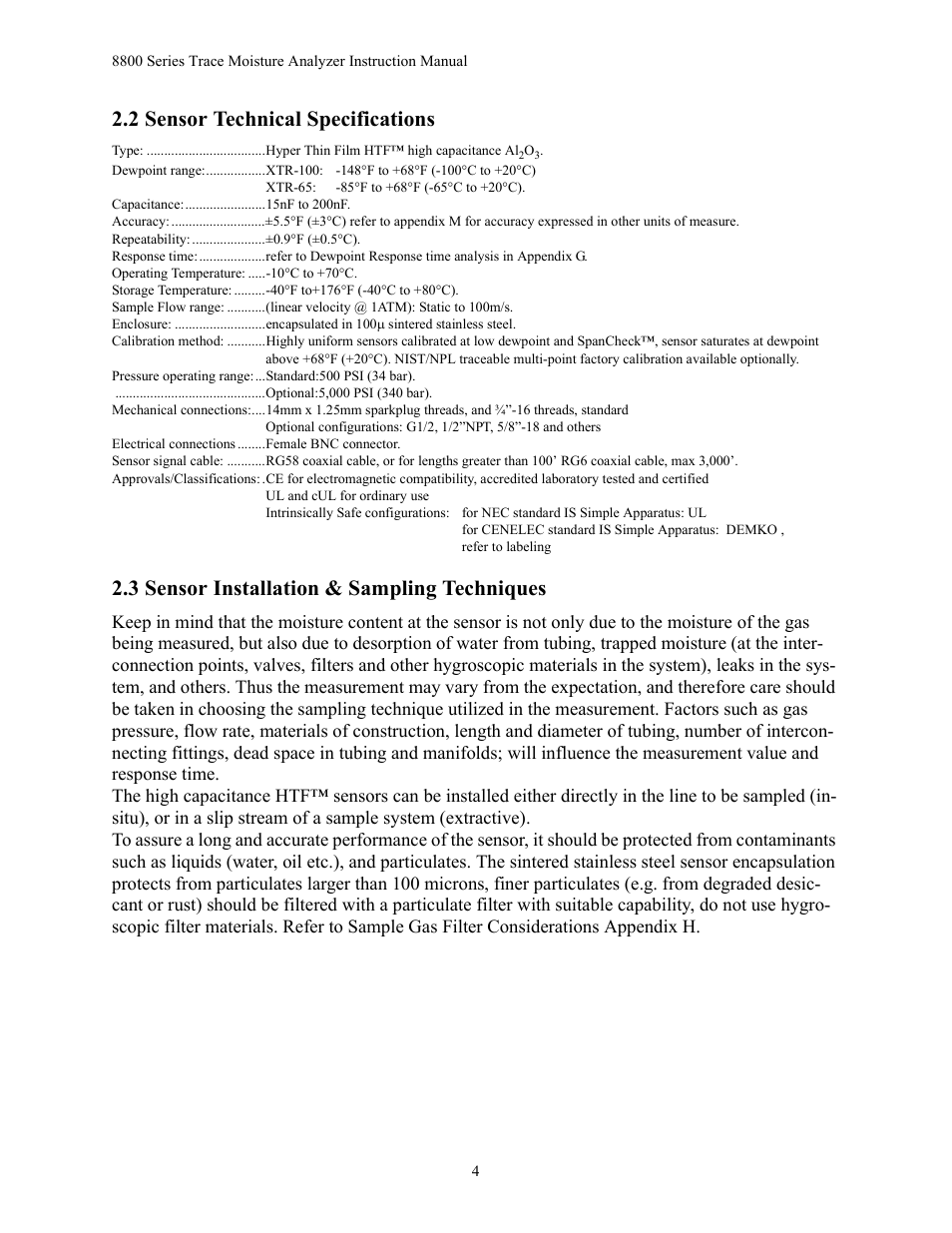 2 sensor technical specifications, 3 sensor installation & sampling techniques | Teledyne 8800A/8800B - Panel / Wall mount trace moisture analyzer User Manual | Page 11 / 72