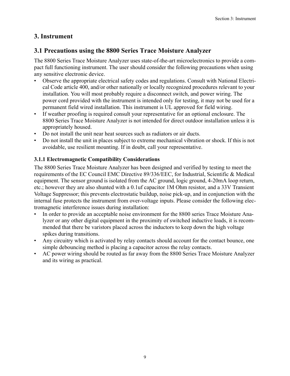 Instrument, 1 precautions using the 8800 series trace moistu, 1 electromagnetic compatibility considerations | Teledyne 8800A/8800B - Panel / Wall mount trace moisture analyzer User Manual | Page 16 / 72