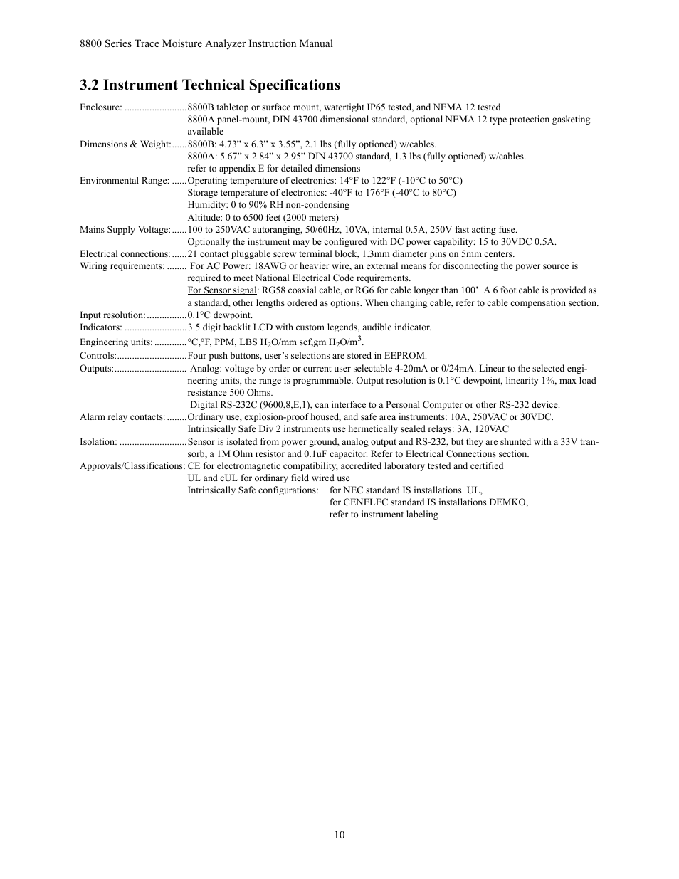 2 instrument technical specifications | Teledyne 8800A/8800B - Panel / Wall mount trace moisture analyzer User Manual | Page 17 / 72