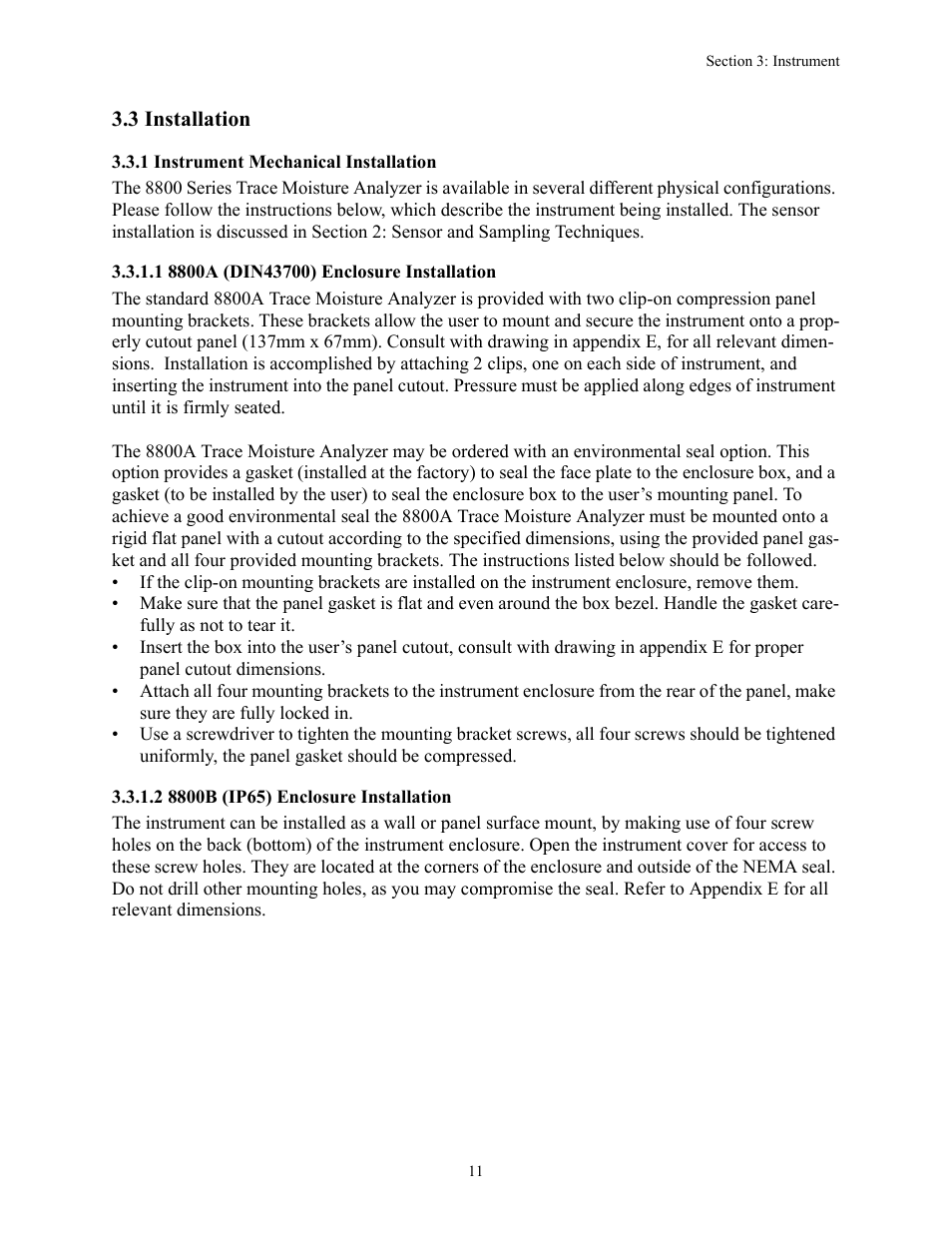 3 installation, 1 instrument mechanical installation, 1 8800a (din43700) enclosure installation | 2 8800b (ip65) enclosure installation | Teledyne 8800A/8800B - Panel / Wall mount trace moisture analyzer User Manual | Page 18 / 72