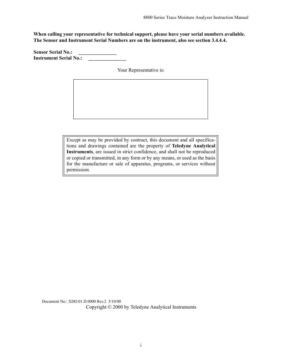 Teledyne 8800A/8800B - Panel / Wall mount trace moisture analyzer User Manual | Page 2 / 72