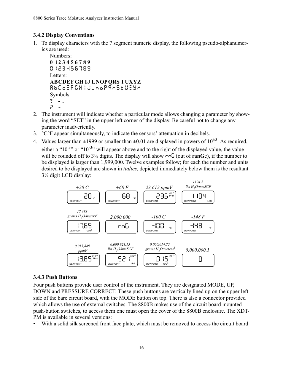 2 display conventions, 3 push buttons, 2 display conventions 3.4.3 push buttons | As required, either a “10, Or “10 | Teledyne 8800A/8800B - Panel / Wall mount trace moisture analyzer User Manual | Page 23 / 72