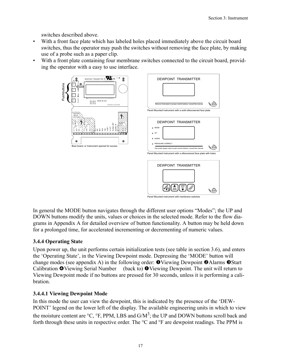 4 operating state, 1 viewing dewpoint mode, 4 operating state 3.4.4.1 viewing dewpoint mode | Dewpoint transmitter, Pushbuttons | Teledyne 8800A/8800B - Panel / Wall mount trace moisture analyzer User Manual | Page 24 / 72
