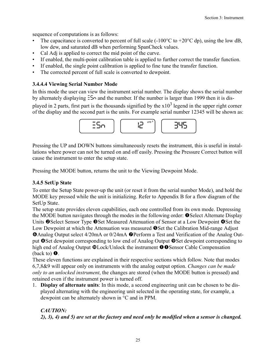 4 viewing serial number mode, 5 setup state, 4 viewing serial number mode 3.4.5 s | Teledyne 8800A/8800B - Panel / Wall mount trace moisture analyzer User Manual | Page 32 / 72