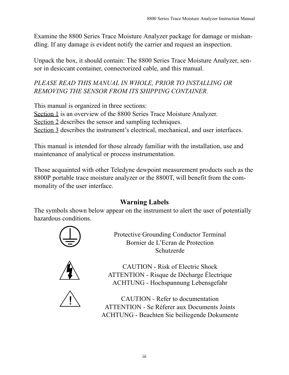 Teledyne 8800A/8800B - Panel / Wall mount trace moisture analyzer User Manual | Page 4 / 72