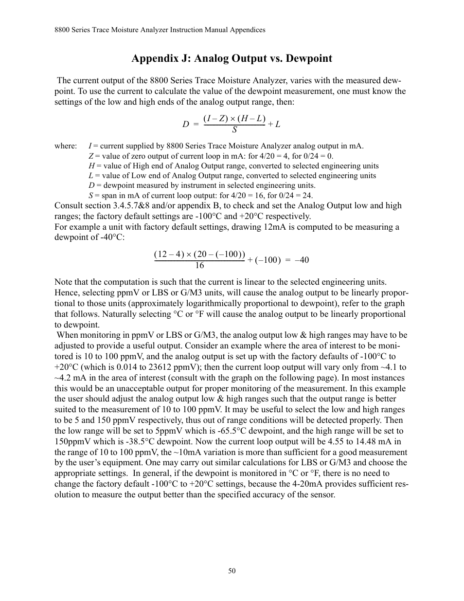 Appendix j: analog output vs. dewpoint | Teledyne 8800A/8800B - Panel / Wall mount trace moisture analyzer User Manual | Page 57 / 72