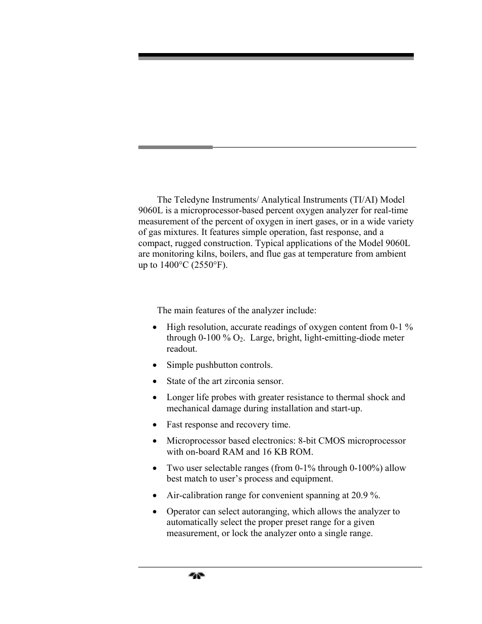 Introduction | Teledyne 9060L - Zirconium oxide flue gas oxygen analyzer User Manual | Page 11 / 51