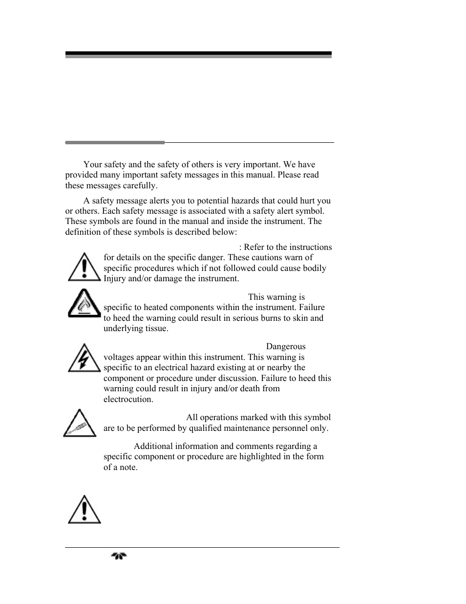 Safety messages | Teledyne 9060L - Zirconium oxide flue gas oxygen analyzer User Manual | Page 4 / 51