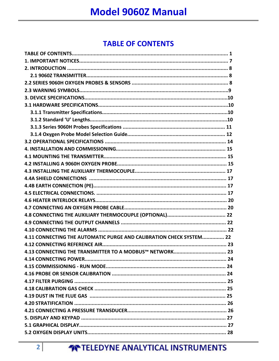 Teledyne 9060Z - Zirconium oxide flue gas oxygen analyzer User Manual | Page 2 / 67