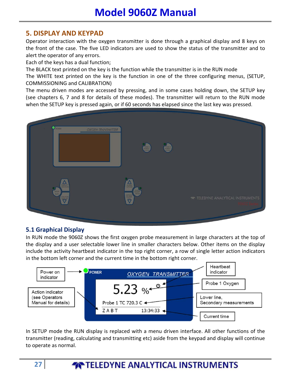 Model 9060z manual, Display and keypad | Teledyne 9060Z - Zirconium oxide flue gas oxygen analyzer User Manual | Page 27 / 67