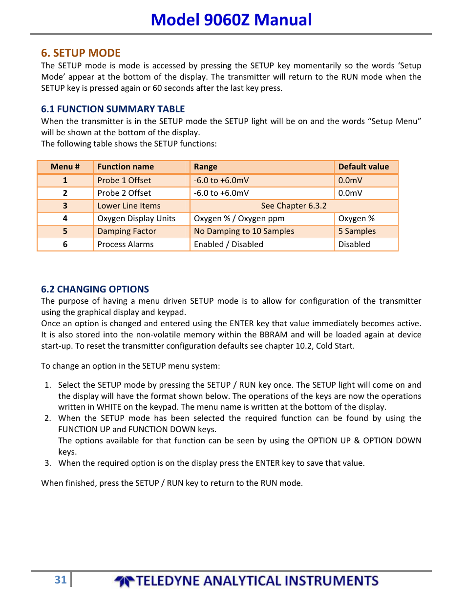 Model 9060z manual, Setup mode | Teledyne 9060Z - Zirconium oxide flue gas oxygen analyzer User Manual | Page 31 / 67