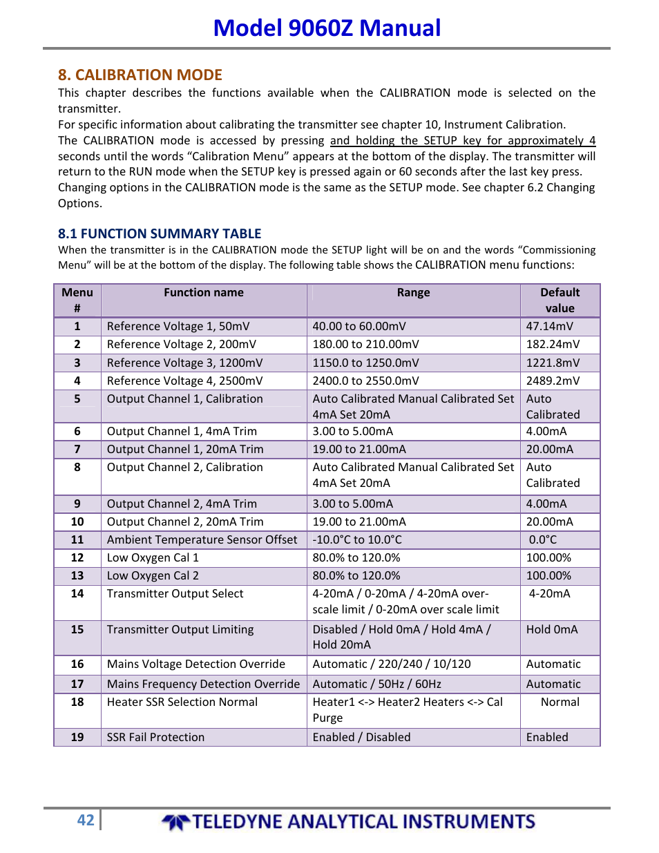 Model 9060z manual, Calibration mode | Teledyne 9060Z - Zirconium oxide flue gas oxygen analyzer User Manual | Page 42 / 67