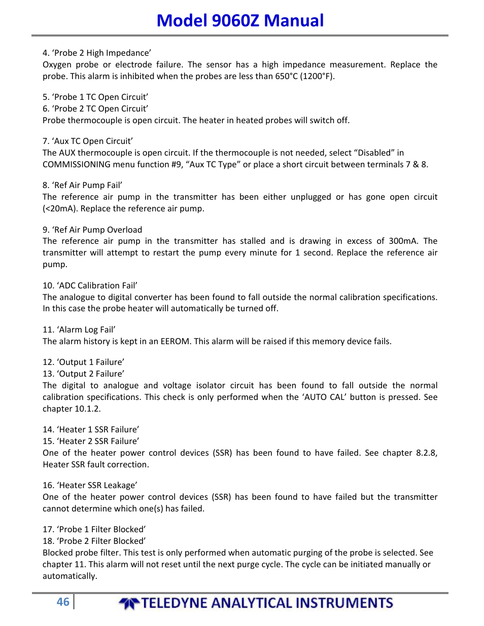 Model 9060z manual | Teledyne 9060Z - Zirconium oxide flue gas oxygen analyzer User Manual | Page 46 / 67