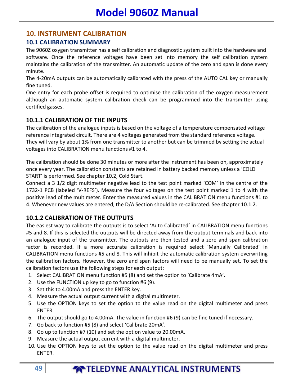 Model 9060z manual, Instrument calibration | Teledyne 9060Z - Zirconium oxide flue gas oxygen analyzer User Manual | Page 49 / 67