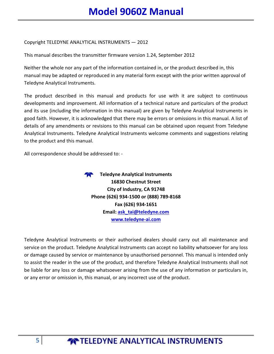 Model 9060z manual | Teledyne 9060Z - Zirconium oxide flue gas oxygen analyzer User Manual | Page 5 / 67