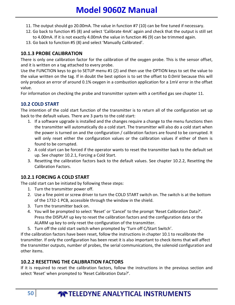 Model 9060z manual | Teledyne 9060Z - Zirconium oxide flue gas oxygen analyzer User Manual | Page 50 / 67