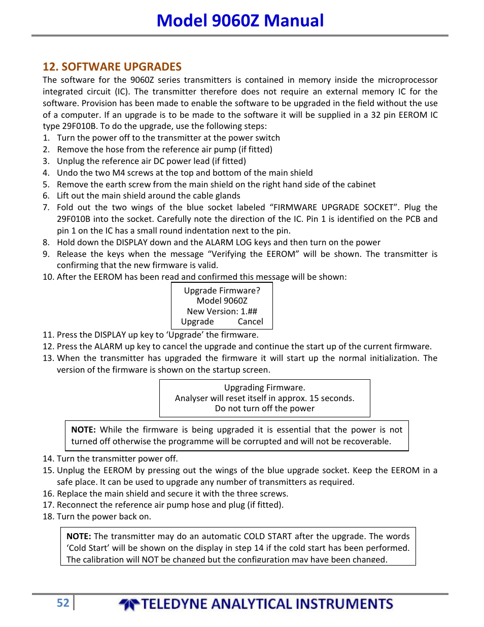 Model 9060z manual, Software upgrades | Teledyne 9060Z - Zirconium oxide flue gas oxygen analyzer User Manual | Page 52 / 67