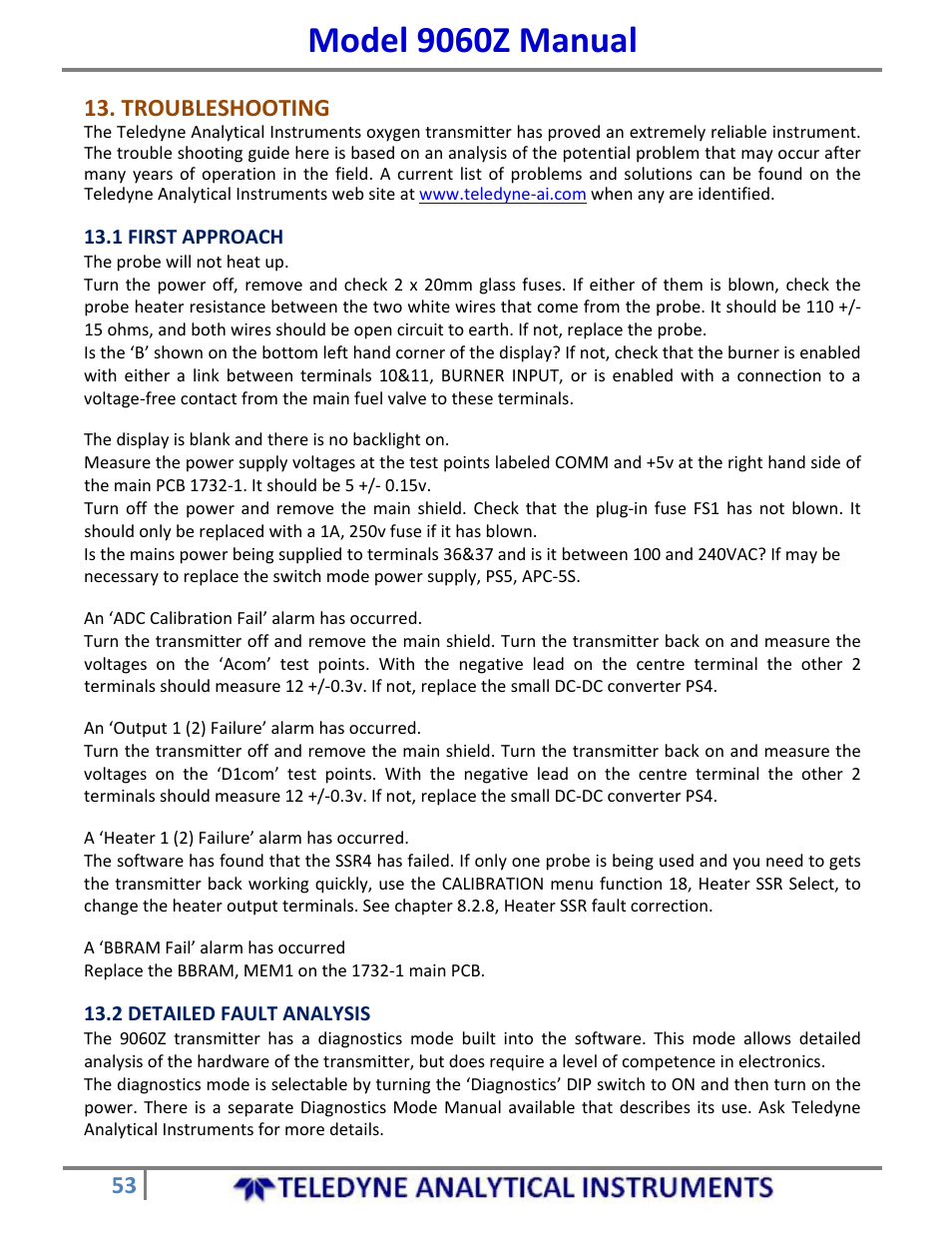 Model 9060z manual, Troubleshooting | Teledyne 9060Z - Zirconium oxide flue gas oxygen analyzer User Manual | Page 53 / 67