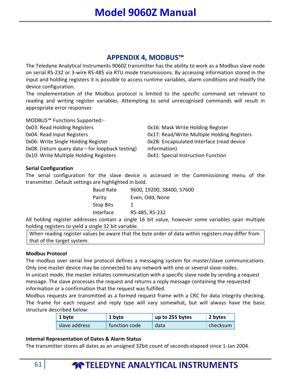 Model 9060z manual, Appendix 4, modbus | Teledyne 9060Z - Zirconium oxide flue gas oxygen analyzer User Manual | Page 61 / 67