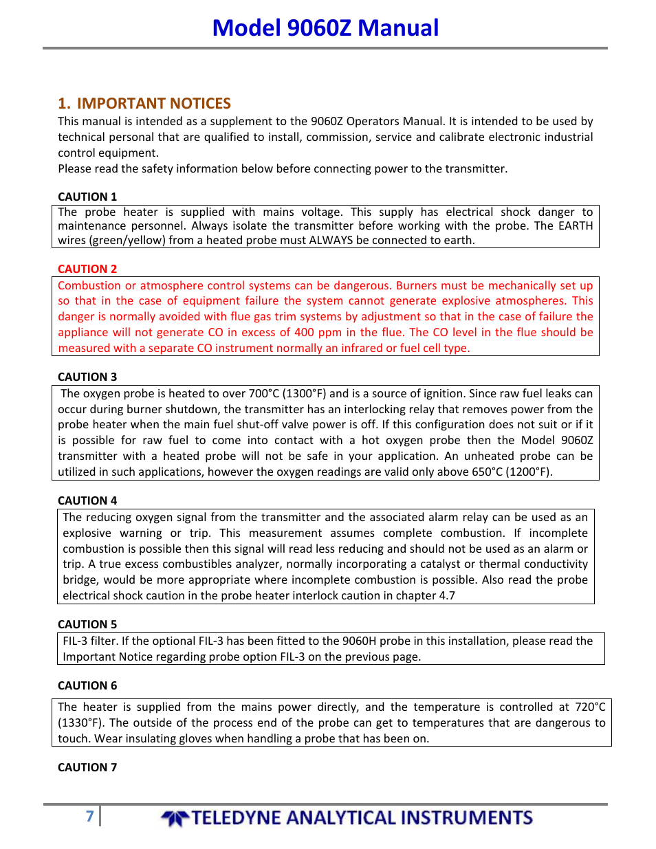 Model 9060z manual, Important notices | Teledyne 9060Z - Zirconium oxide flue gas oxygen analyzer User Manual | Page 7 / 67