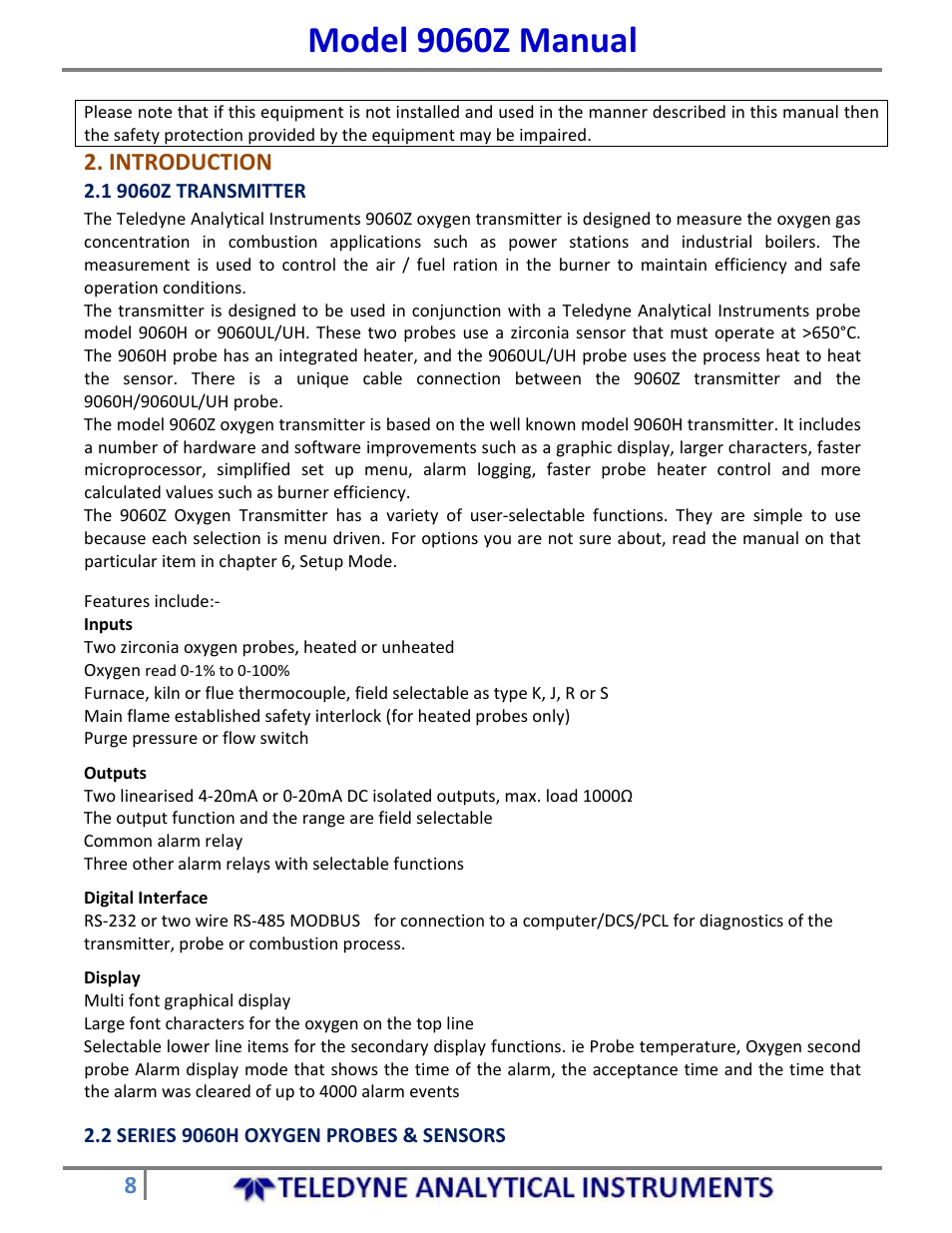 Model 9060z manual, Introduction | Teledyne 9060Z - Zirconium oxide flue gas oxygen analyzer User Manual | Page 8 / 67