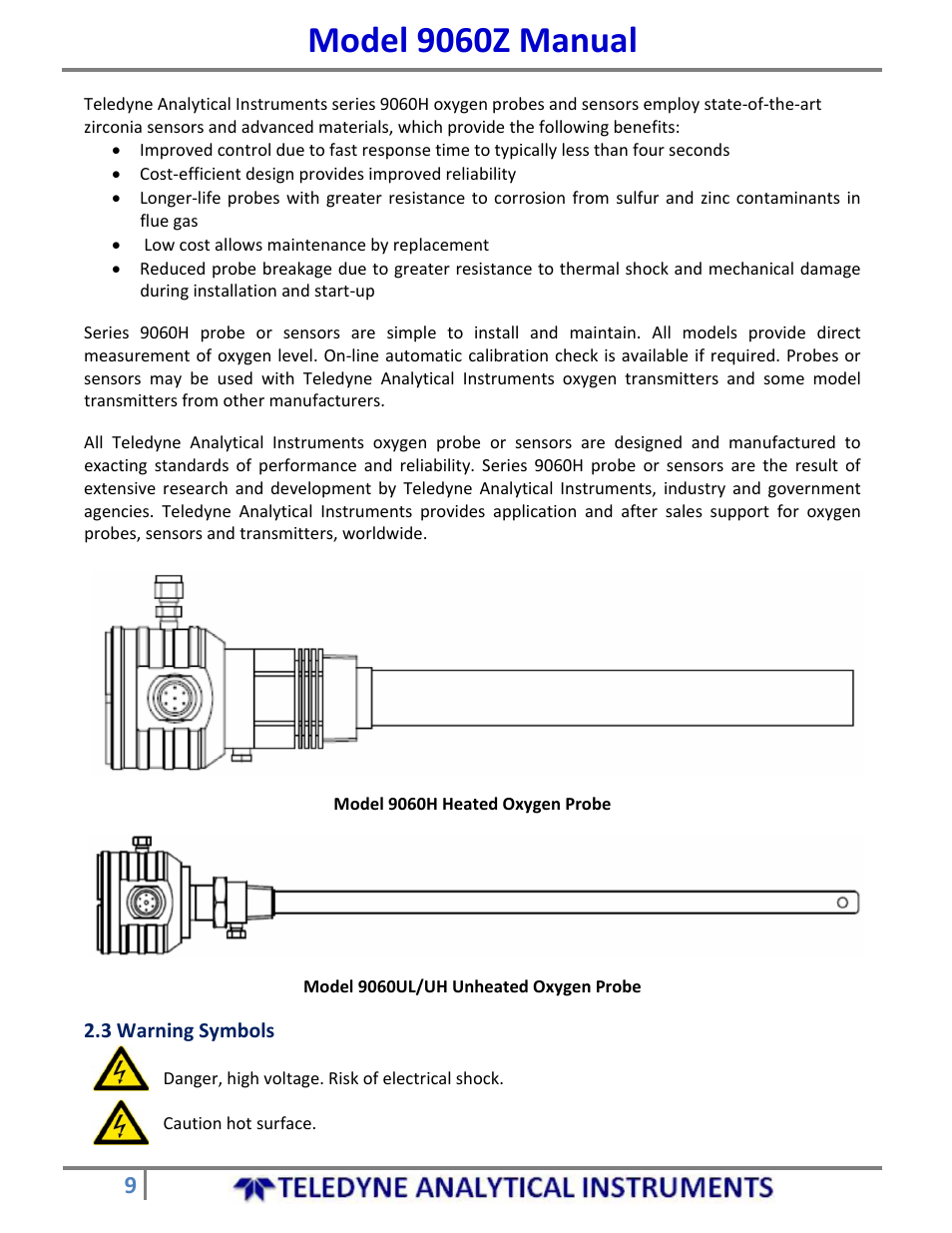 Model 9060z manual | Teledyne 9060Z - Zirconium oxide flue gas oxygen analyzer User Manual | Page 9 / 67