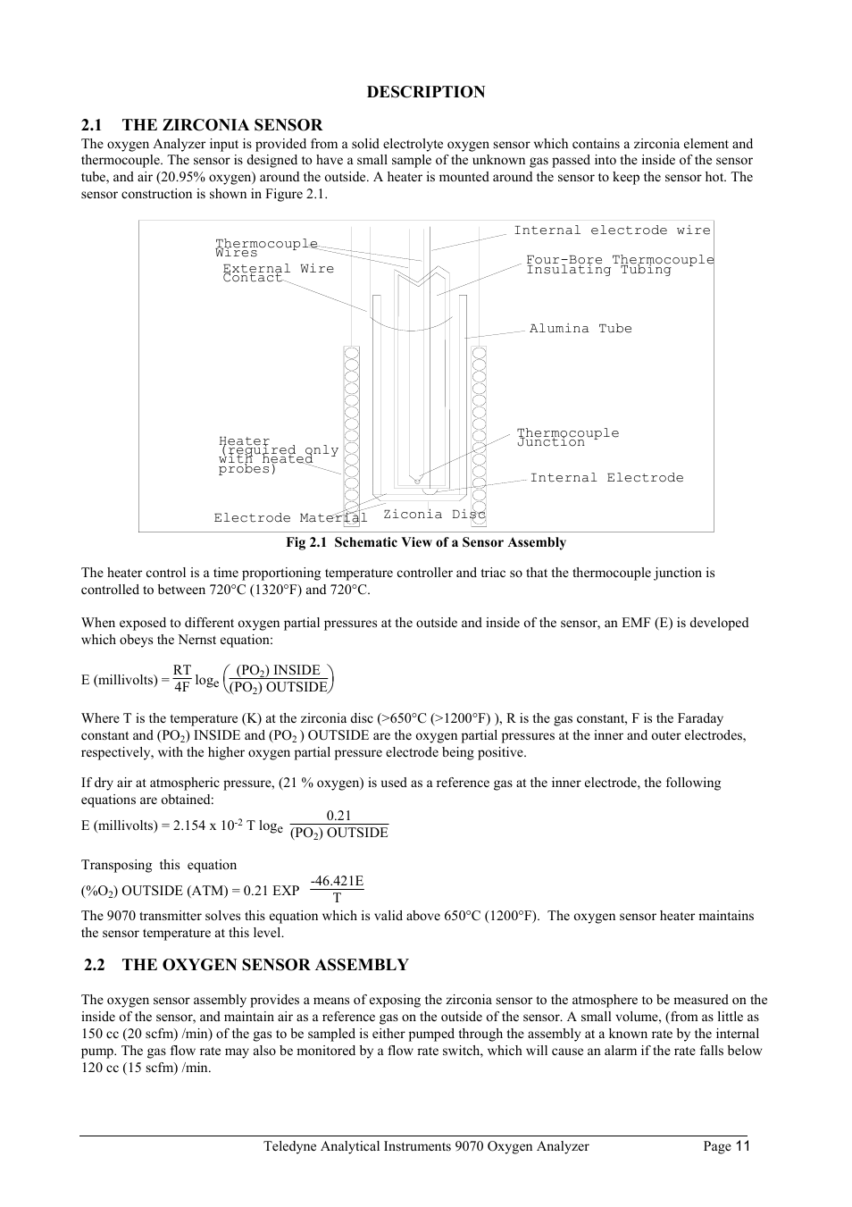 Description, 1 the zirconia sensor, 2 the oxygen sensor assembly | Teledyne 9070 - O2 and CO2 Food package analyzer (preliminary) User Manual | Page 11 / 50